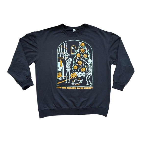 Chicyea Black “’Tis the Season to Be Creepy” Skeleton Sweater Medium Festive Cat - Picture 1 of 8